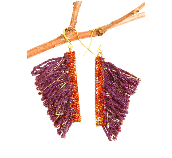 Violet wool tassel hook earrings with copper wire edge, height 4 cm, 1.57", artisan made Scandinavian.