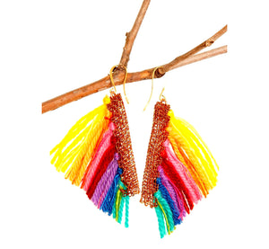 Rainbow wool tassel hook earrings with copper wire edge, height 4 cm, 1.57", artisan made Scandinavian.
