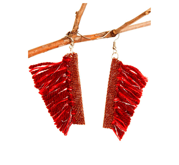 Red wool tassel hook earrings with copper wire edge, height 4 cm, 1.57", artisan made Scandinavian.