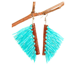 Turquoise wool tassel hook earrings with copper wire edge, height 4 cm, 1.57", artisan made Scandinavian.