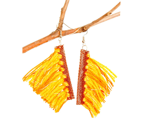 Yellow wool tassel hook earrings with copper wire edge, height 4 cm, 1.57", artisan made Scandinavian.