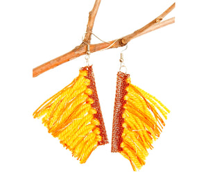 Yellow wool tassel hook earrings with copper wire edge, height 4 cm, 1.57", artisan made Scandinavian.