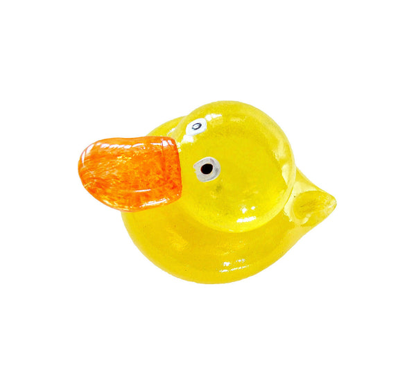 cheerful yellow duck hand blown glass figurine, orange beak, from above, 8x12x8 cm, 3.15x4.72x3,15 inch.